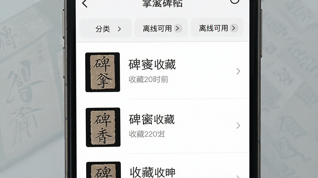 掌上碑帖收藏夹界面,手机屏幕显示收藏的碑帖列表,每条记录左侧为缩略图,右侧为碑帖名称与收藏时间,顶部有分类标签栏,背景为白色,风格为清爽列表式布局,细节包含“离线可用”标识,画质清晰,干净,无多余元素