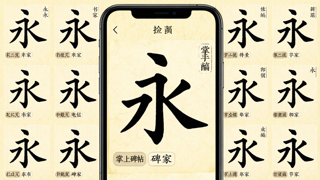 掌上碑帖单字检索功能展示图,手机屏幕中央显示一个放大的“永”字,周围环绕多个不同书家书写的“永”字小图,形成对比排列,背景为浅黄色宣纸纹理,风格为传统书法字典排版,细节包含朝代标签与书家姓名,画质清晰,干净,无多余元素