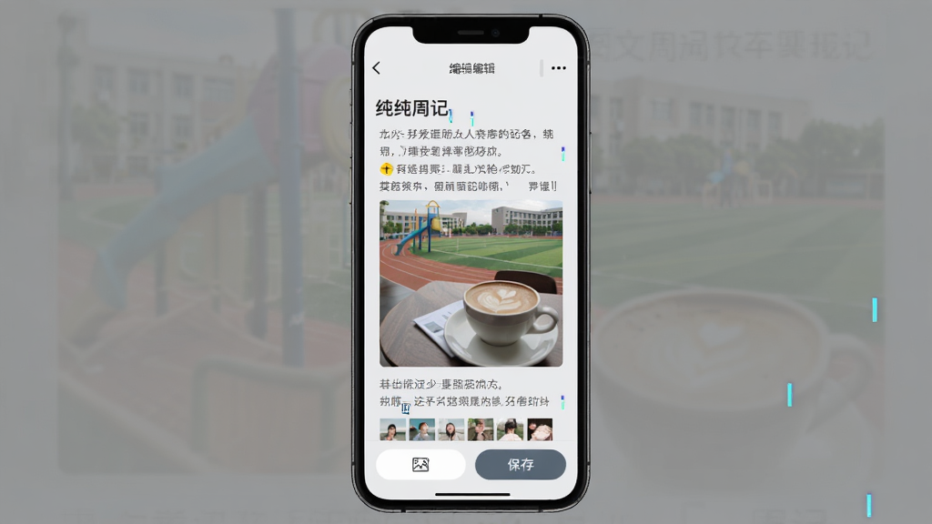 �����ܼ�ͼ�ı༭���棬�ֻ�����չʾһƪ���ڱ༭���ܼǣ����ֶ���֮��Ƕ������������Ƭ��һ����У԰�ٳ���һ���ǿ��ȱ�������ײ�������ͼƬ�ͱ��水ť������Ϊǳ��ɫ������Ϊ���ɫ�����������¼�Լ�����ֹ�����ϸ�ڴ��й����˸Ч�������������ɾ�