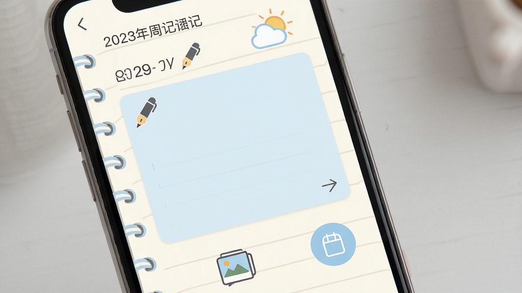 �����ܼ�Ӧ�������棬�ֻ���Ļ��չʾ�����ܼǱ༭ҳ�棬���������ں�����ͼ�꣬�м��������������򣬵ײ���ͼƬ���Ӱ�ť�ͱ���ͼ�꣬���岼�ָɾ���ˬ��������͵��װ�ɫ�뵭��ɫ��ɫ����ƽ����Ʒ��ϸ�������ֱʼǱ������ͱʴ�ͼ�꣬����ɾ��޶���Ԫ�أ����廭��