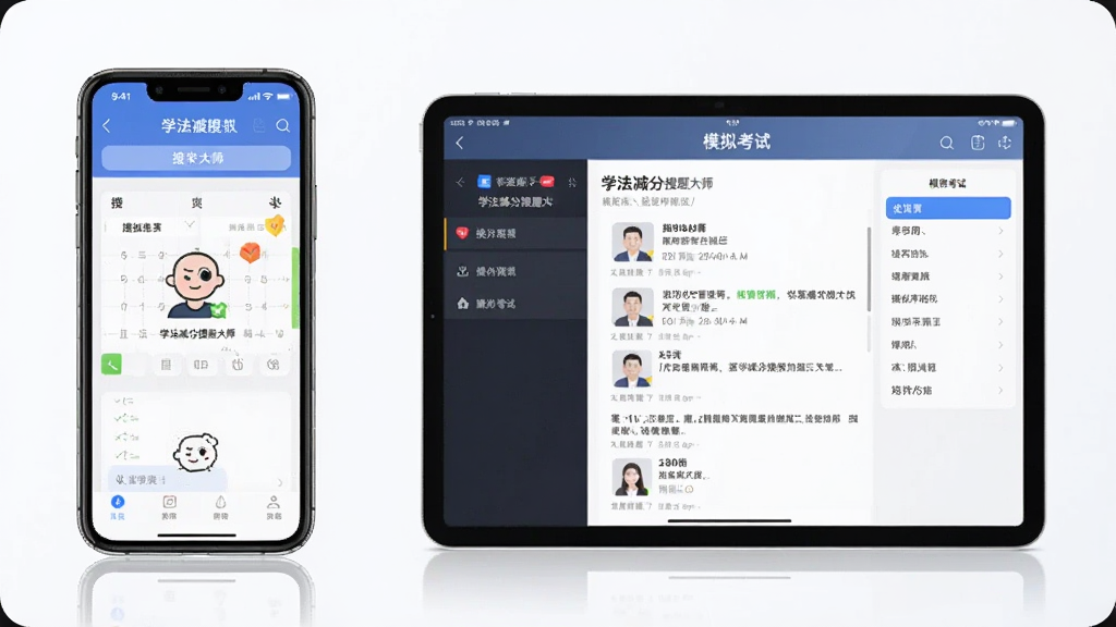 一张展示“学法减分搜题大师”在手机和平板设备上同时运行的场景图,画面左侧是手机竖屏显示搜题界面,右侧是平板横屏显示模拟考试界面,布局为左右对比,风格为现代数码产品展示风,细节包含设备边框、屏幕内容和简洁背景,画质高清,画面干净,无多余元素