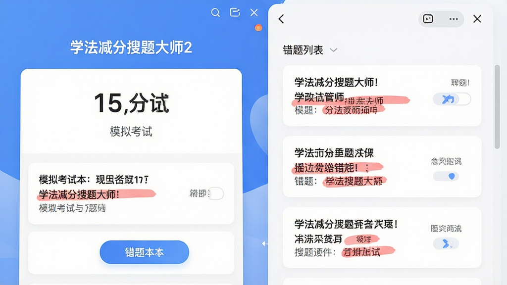 一张展示“学法减分搜题大师”模拟考试与错题本界面的图片,画面左侧是模拟考试得分页面,右侧是错题列表,布局为左右分栏,风格为简洁卡片式设计,细节包含分数数字、错题题目和红色标记,画质高清,画面干净,无多余元素
