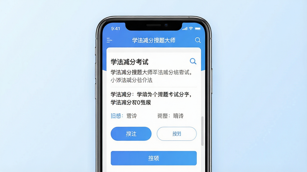 一张展示“学法减分搜题大师”手机应用界面的高清图片,画面中央是手机屏幕,屏幕上显示着学法减分考试题目与搜题结果,背景是干净的浅蓝色渐变,布局简洁,排版清晰,风格为现代科技感扁平化设计,细节包含题目文字、选项按钮和搜索图标,画质高清,画面干净,无多余元素