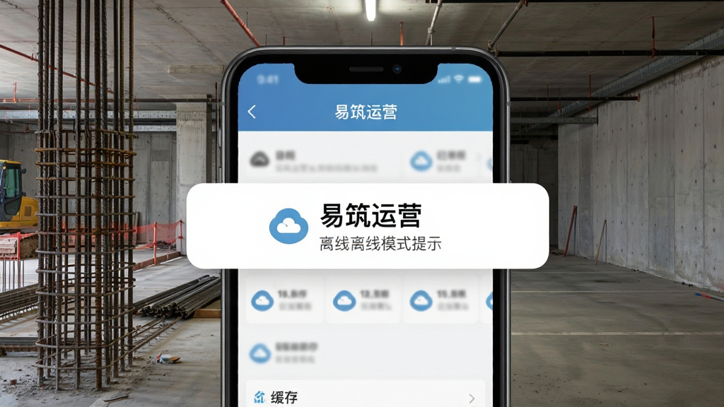手机屏幕显示“易筑运营”离线模式提示条,界面中部分数据带有云朵图标表示已缓存,背景为地下车库施工场景,有钢筋和混凝土墙面,风格写实,画质干净,无多余元素。