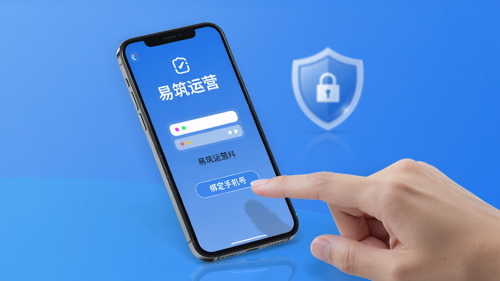 一部手机屏幕显示“易筑运营”登录页面,旁边有一只手正在点击“绑定手机号”按钮,背景为简洁的蓝色渐变,画面中有盾牌图标象征安全,风格商务,画质干净,无多余元素。