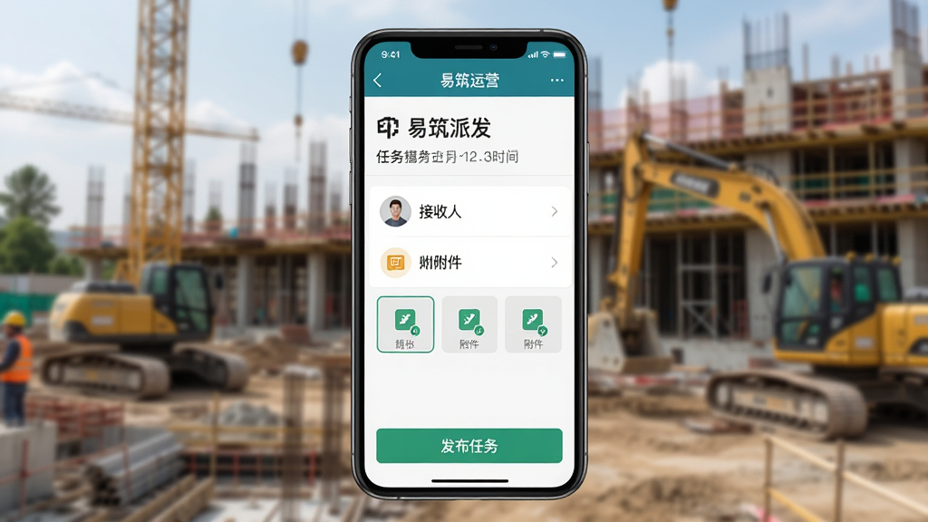 手机屏幕展示“易筑运营”任务派发界面,上方是任务标题与截止时间,中间是接收人列表与附件缩略图,下方有“发布任务”按钮,手机背景为建筑工地场景虚化,风格写实,画质清晰,无多余元素。