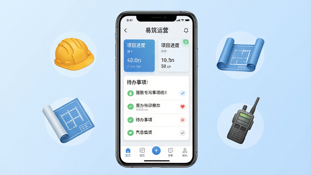 画面中央是一部智能手机,屏幕内展示“易筑运营”APP的首页界面,包含项目进度卡片、待办事项列表与底部导航栏。手机两侧漂浮着工程安全帽、图纸卷轴与对讲机图标,背景为浅蓝色渐变,风格简洁商务,细节清晰,画质干净,无多余元素,适合作为软件下载站展示图。