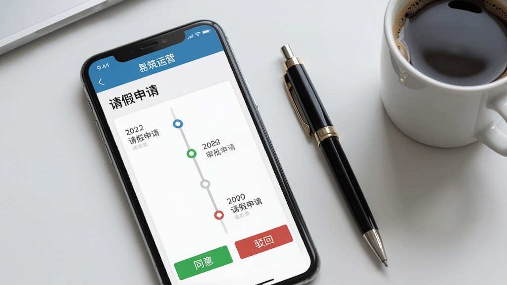 手机屏幕显示“易筑运营”审批详情页,上方有“请假申请”标题,中间是审批流程时间轴,下方有“同意”“驳回”按钮,手机旁有一支签字笔和一杯咖啡,背景为浅灰色办公桌面,风格简约商务,画质干净,无多余元素。