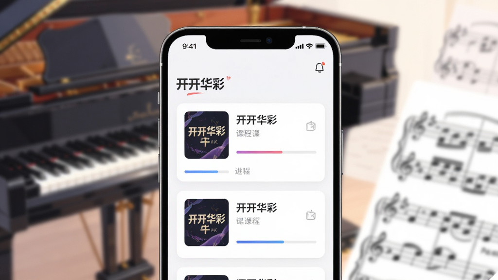 画面主体为一部智能手机屏幕特写,屏幕内展示“开开华彩”APP的课程列表界面,布局为手机居中、背景虚化出钢琴与乐谱元素,排版采用扁平化卡片式设计,风格为现代科技感UI插画,细节包括课程封面缩略图与进度条,画质清晰,干净,无多余元素。