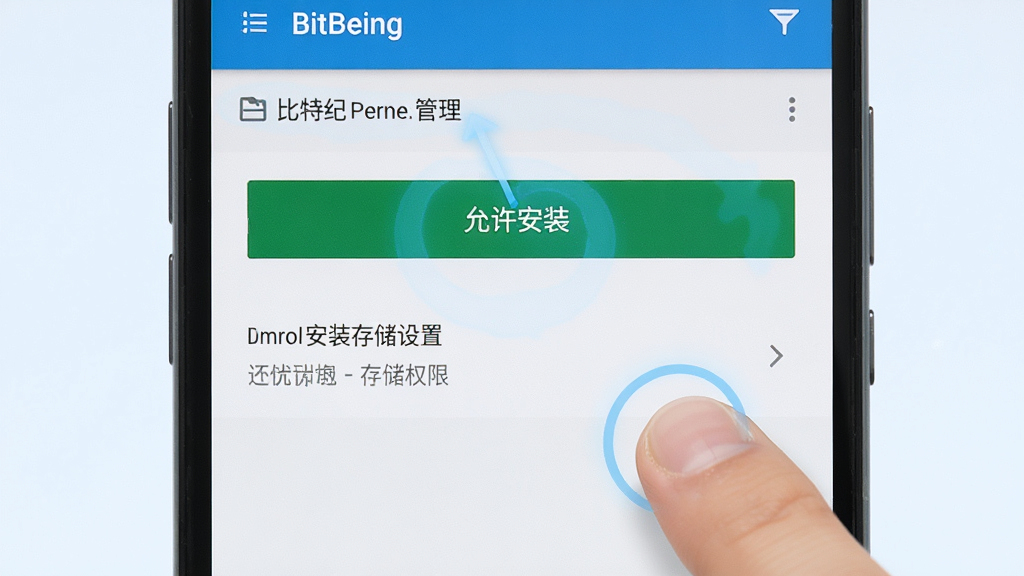 һ��չʾ���ؼ�BitBeing��װ��Ȩ�����õ�AI��ͼ������Ϊ�ֻ���Ļ��ʾ��׿ϵͳ��Ȩ�޹���ҳ�棬��Ļ�ϳ��֡�������װ���͡��洢Ȩ�ޡ���ѡ��Ա�����ָ�����ʾ�⣬����Ϊ��д���У����Ϊ���˵��ͼ��ϸ�ڰ�����ť�ĸ��������������ͱ�����ǳɫ�����ʸ��壬�ɾ����޶���Ԫ��