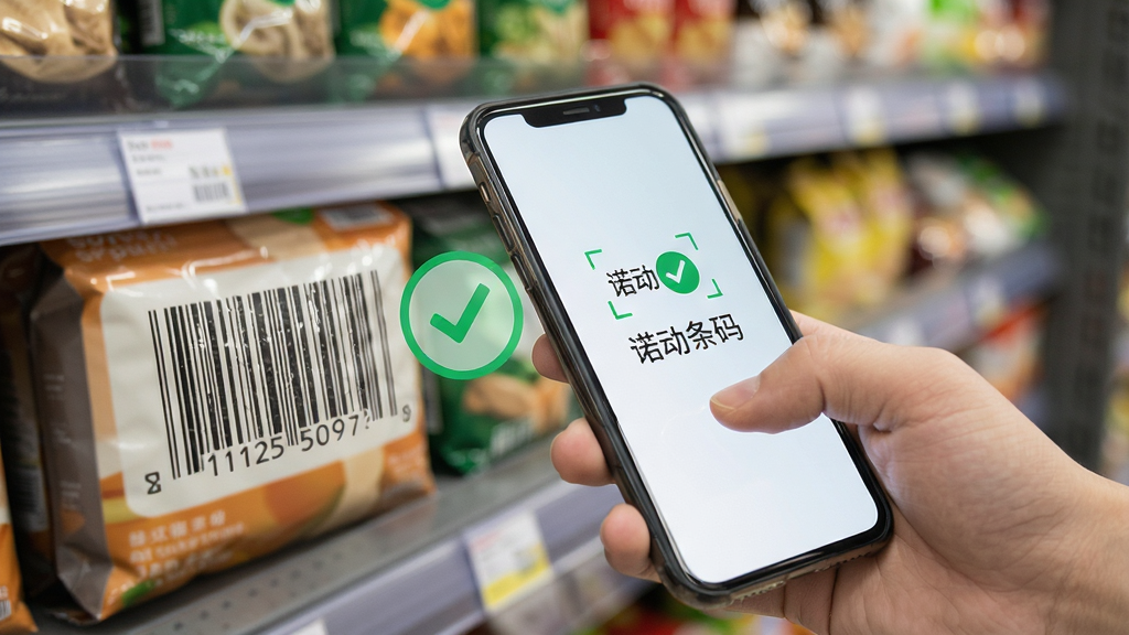 主体为一只手拿着手机对准商品条形码进行扫描,手机屏幕显示“诺动条码”识别成功的提示界面,布局采用特写构图突出手机和商品,排版上背景为虚化的超市货架,风格为写实生活场景风格,细节上商品包装清晰可见条形码纹理,手机屏幕有绿色对勾标识,画质清晰,干净,无多余元素
