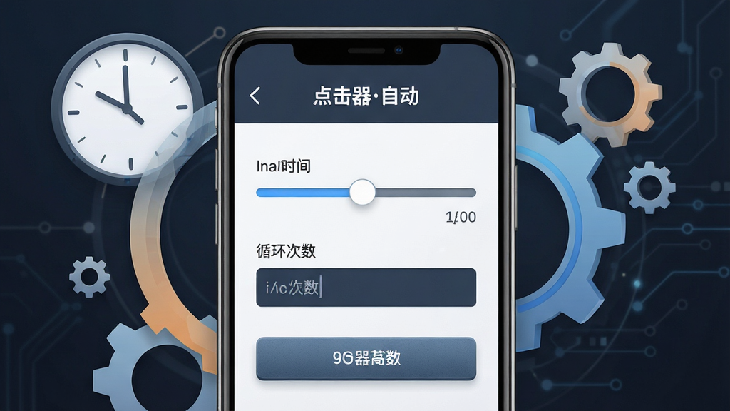 一张展示“点击器自动”软件参数设置界面的AI生成图片,画面中央为手机屏幕特写,屏幕上呈现间隔时间滑块与循环次数输入框,周围环绕着时钟与齿轮的抽象图形元素,布局对称,风格为简约商务科技感,细节表现数字刻度与按钮质感,画质清晰,干净,无多余元素