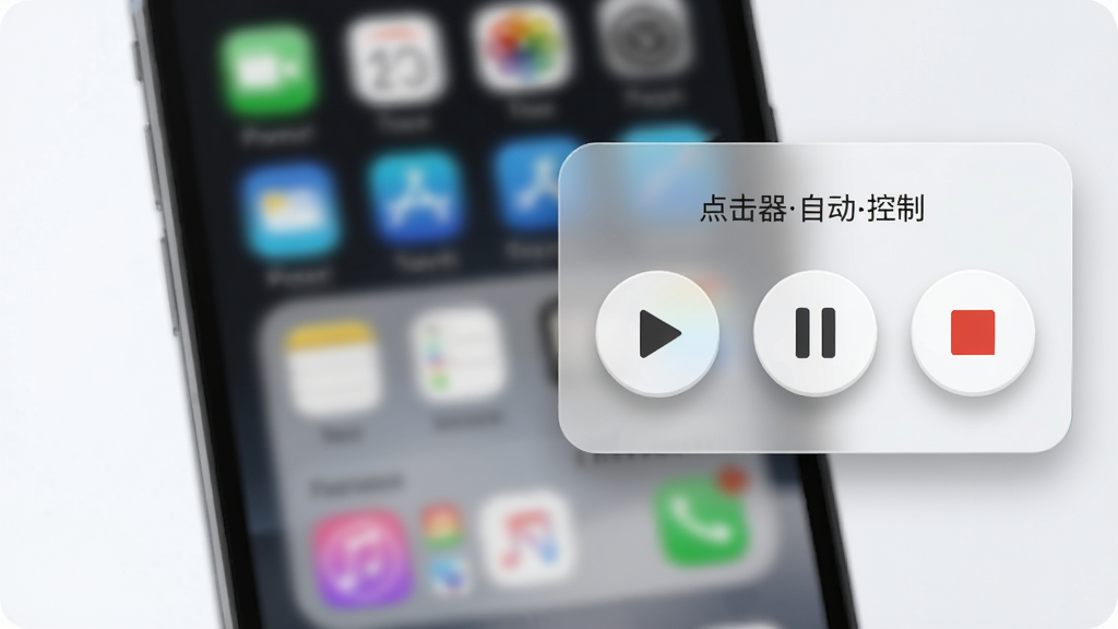 一张表现“点击器自动”悬浮窗控制功能的AI生成图片,画面主体为手机屏幕叠加半透明悬浮按钮面板,面板上有播放、暂停、停止图标,背景为模糊的应用界面,布局悬浮于屏幕右侧,风格为轻盈科技感,细节表现按钮的圆角与阴影,画质清晰,干净,无多余元素