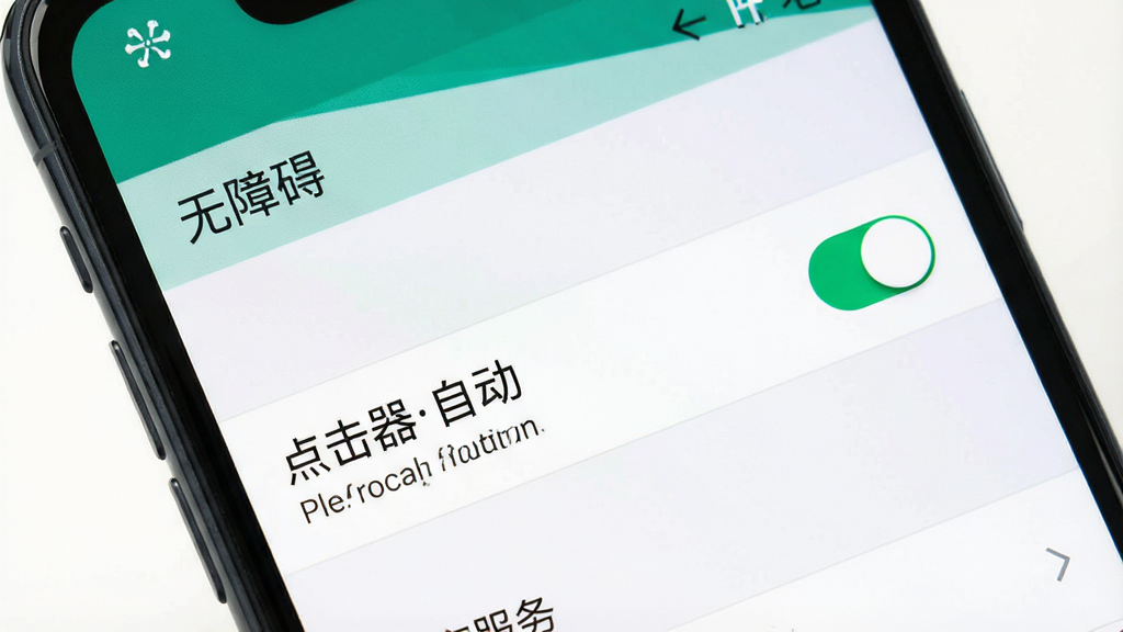 一张展示手机无障碍服务设置界面的AI生成图片,画面主体为手机屏幕特写,屏幕上显示“无障碍”设置菜单与“点击器自动”服务开关,布局为系统设置典型列表样式,风格为干净简洁的扁平化设计,细节表现开关按钮与文字说明,画质清晰,干净,无多余元素