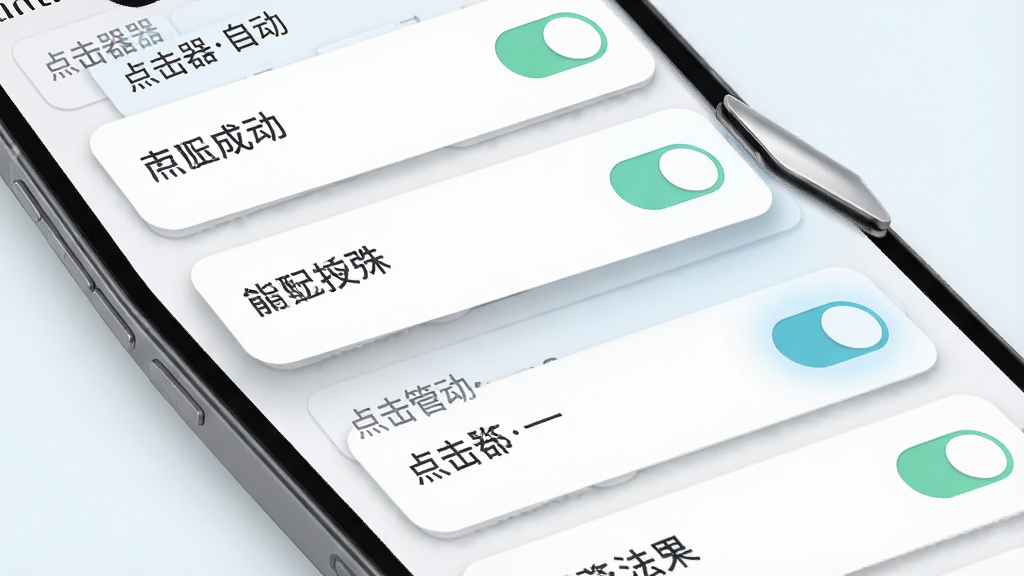 一张以“点击器自动”配置管理为主题的AI生成图片,画面展示手机屏幕中排列着多个配置卡片,每张卡片上有名称与开关图标,布局为纵向列表式,风格为清新浅色系,细节表现卡片的投影与选中状态,画质清晰,干净,无多余元素