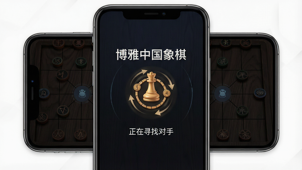 一张展示博雅中国象棋在线匹配界面的图片,画面中手机屏幕显示匹配等待动画,背景为深色木纹,中央有“博雅中国象棋”文字和旋转的象棋棋子图标,下方显示“正在寻找对手”字样,风格简洁科技感,画质清晰,干净无多余元素