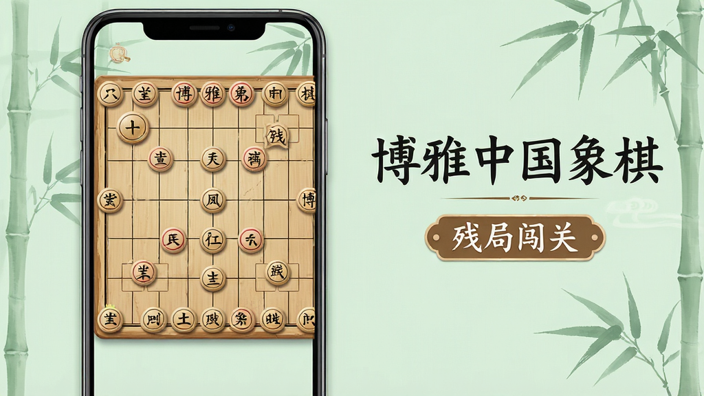 一张展示博雅中国象棋残局挑战界面的图片,手机屏幕显示棋盘上仅有少量棋子构成残局局面,旁边有“博雅中国象棋”文字和“残局闯关”标签,背景为淡雅竹青色,风格清新古风,细节展示棋子位置清晰,画质高清,干净无多余元素