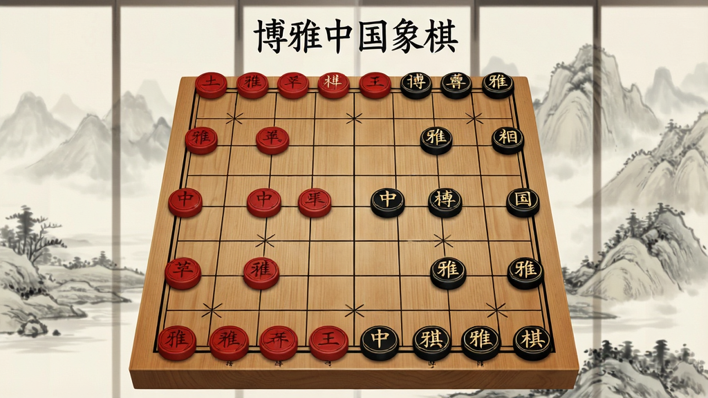 一张展示博雅中国象棋手机端主界面的图片,中央是木质纹理的中国象棋棋盘,棋子为经典红黑双色,棋盘上方显示“博雅中国象棋”文字标识,背景为柔和的中国风山水画屏风,画面布局居中对称,风格写实且带有轻微水墨质感,细节清晰展示棋盘线路与棋子文字,画质高清,干净整洁,无多余元素