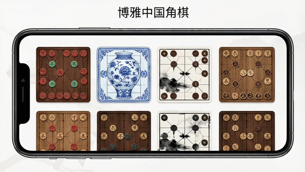 一张展示博雅中国象棋皮肤设置界面的图片,手机屏幕显示多个棋盘皮肤缩略图排列,包含木纹、青花瓷、水墨风格,上方有“博雅中国象棋”文字标题,界面布局整齐,风格清新素雅,画质清晰,干净无多余元素