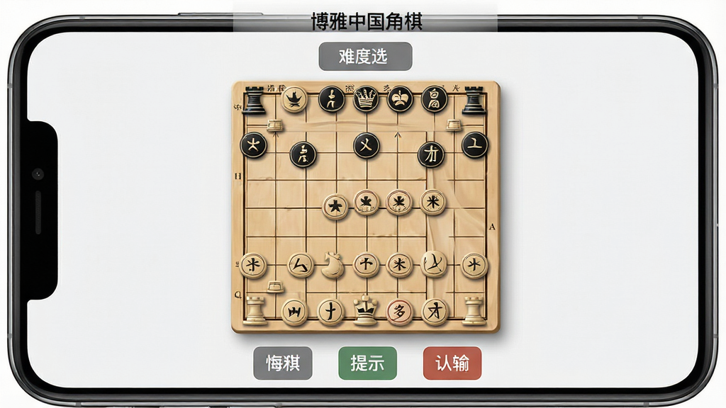 一张展示博雅中国象棋AI对战界面的图片,画面中手机屏幕显示棋盘,棋盘上方显示“博雅中国象棋”字样和难度选择按钮,棋盘上棋子布局清晰,底部有悔棋、提示、认输等操作按钮,整体风格简约现代,带有轻微阴影立体感,画质高清,干净无多余元素