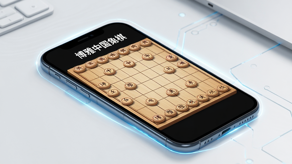 一张展示博雅中国象棋在手机上运行流畅对局的图片,画面中手机屏幕显示完整棋盘与棋子,棋盘上方有“博雅中国象棋”文字,手机周围有轻微光效代表运行流畅,背景为简洁桌面,风格科技感,画质高清,干净无多余元素