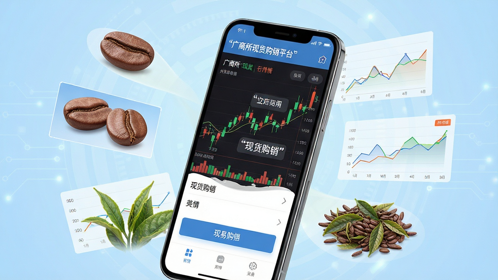 广商所现货购销平台是一款面向大宗商品现货交易领域的移动端应用,画面主体为一部智能手机,手机屏幕显示咖啡豆行情K线图与现货购销下单界面,手机周围环绕咖啡生豆、茶叶、交易数据折线图等元素,布局采用居中构图,手机略微倾斜,背景为浅蓝色渐变科技风格,排版简洁清晰,细节上屏幕内文字使用引号标注“广商所现货购销平台”“现货购销”“行情”,画质高清,干净,无多余元素