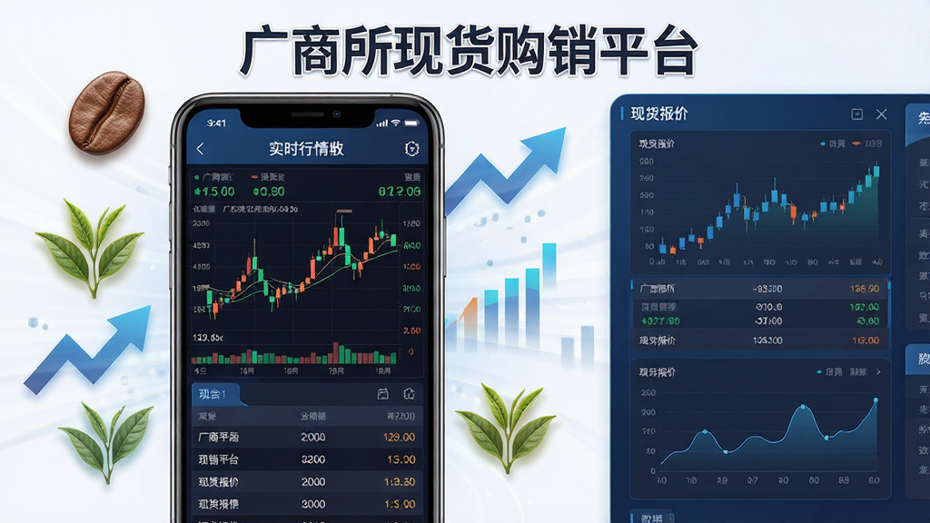 广商所现货购销平台核心功能展示图,画面主体为手机屏幕显示实时行情K线图与现货报价列表,屏幕上方有“广商所现货购销平台”字样,周围环绕咖啡豆、茶叶、数据箭头等图标,布局采用左侧手机右侧数据面板的分栏构图,风格为现代商务科技风,细节上行情数字清晰可见,画质高清,干净,无多余元素