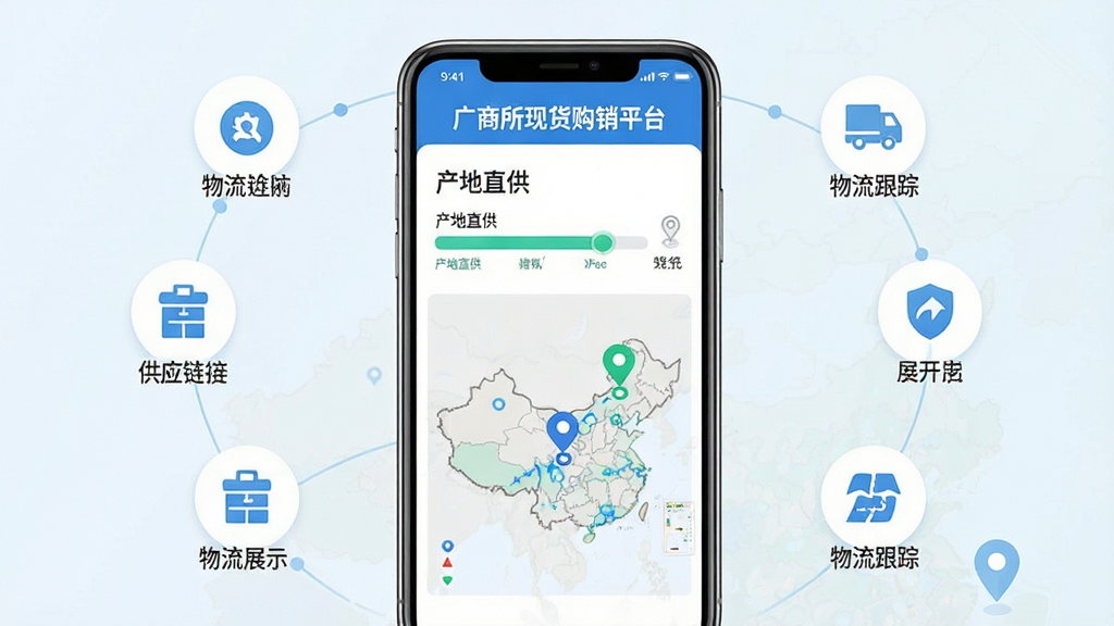 广商所现货购销平台供应链信息对接功能展示图,画面主体为手机屏幕显示仓储物流进度条与产地地图标记,屏幕内文字包含“广商所现货购销平台”“产地直供”“物流跟踪”,布局采用中心手机加四周图标环绕的构图,风格为清新浅色商务风,细节上地图标记与物流节点清晰,画质高清,干净,无多余元素