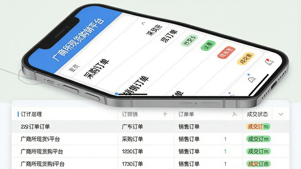 广商所现货购销平台订单管理界面展示图,画面主体为手机屏幕显示购销订单列表与成交状态标签,屏幕内文字包含“广商所现货购销平台”“采购订单”“销售订单”,布局为上下分层构图,上方为手机界面下方为订单数据表格,风格为简约扁平化商务风,细节上订单状态用不同颜色标签区分,画质高清,干净,无多余元素