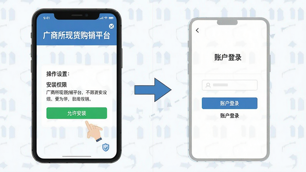 广商所现货购销平台移动端使用教程示意图,画面主体为手机屏幕显示安装权限设置与账户登录界面,屏幕内文字包含“广商所现货购销平台”“允许安装”“账户登录”,布局为左右分栏展示两个操作步骤,风格为扁平化教程插图风,细节上箭头指示操作路径,画质高清,干净,无多余元素