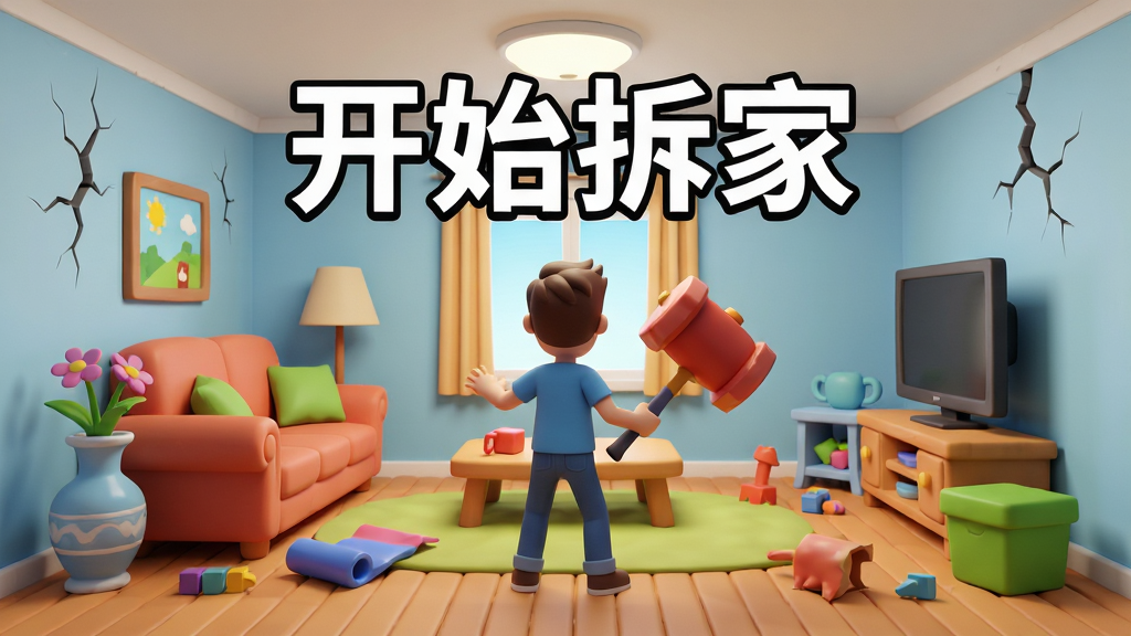 整体画面展示一间布置完整的卡通房间,一名玩家手持大锤站在房间中央准备开始拆家,画面中清晰呈现“开始拆家”四个大字,布局为房间全景居中,四周散落待拆物品,排版简洁直观,风格为3D卡通渲染,细节包含沙发、电视、花瓶、墙壁裂纹等元素,画质高清,干净,无多余元素。