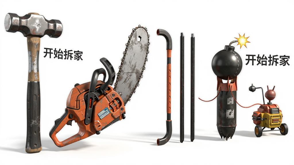 展示一排拆家工具整齐排列,包括大锤、电锯、撬棍、炸弹等,每件工具旁边标注“开始拆家”文字,布局为横向排列展示,排版清晰有序,风格为3D写实渲染,细节包含工具金属质感、磨损痕迹、光影反射,画质高清,干净,无多余元素。