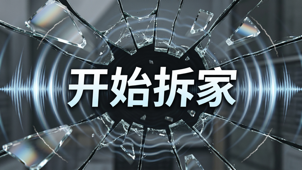画面聚焦在碎裂的玻璃和飞溅的碎片上,配合声波纹理与震动线条,中央显示“开始拆家”字样,布局为特写镜头,排版充满动感,风格为特效渲染,细节包含碎片反光、声波扩散、慢动作轨迹,画质高清,干净,无多余元素。