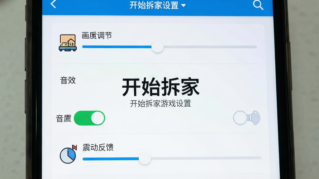 手机屏幕显示开始拆家游戏设置界面,画面中有画质调节、音效开关、震动反馈等选项,中央标注“开始拆家”文字,布局为手机界面特写,排版清晰,风格为扁平化UI设计,细节包含按钮图标、滑块、文字说明,画质高清,干净,无多余元素。