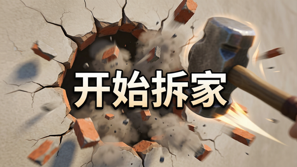 游戏场景中一面墙壁被大锤砸出巨大坑洞,碎砖与灰尘四散飞溅,画面中央显示“开始拆家”字样,布局为特写镜头突出破坏瞬间,排版动感有张力,风格为写实卡通混合,细节包含裂纹、飞溅碎片、锤子轨迹,画质高清,干净,无多余元素。