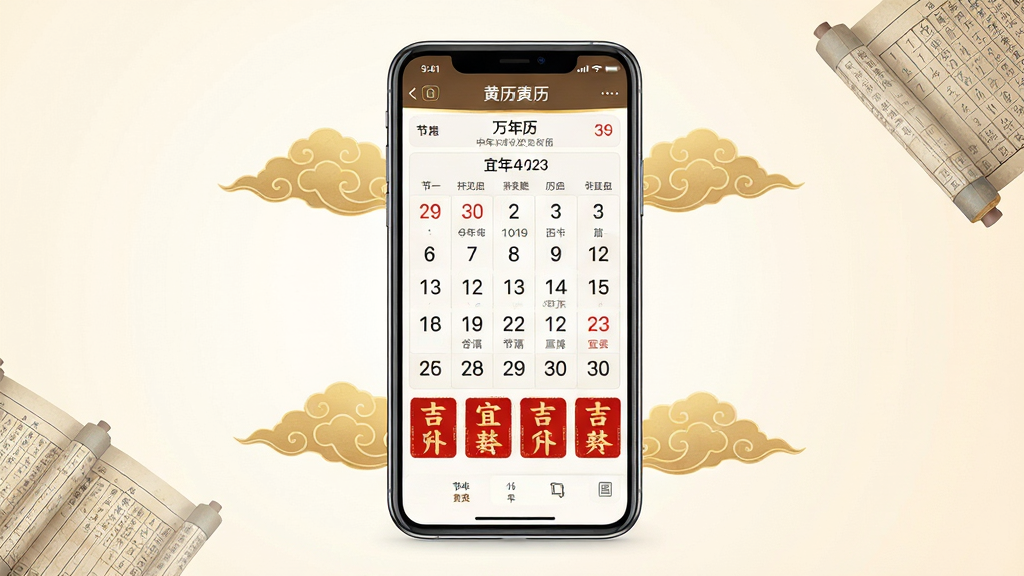 一幅展示万年历黄历大全软件主界面的手机应用场景图,画面中央是一部现代智能手机,屏幕亮起显示着清晰的中国传统农历日期、节气信息以及红色的吉凶宜忌标签,手机周围环绕着淡淡的金色祥云纹样与若隐若现的古代历法书卷元素,整体布局居中对称,风格融合了现代极简UI设计与古典东方美学,细节上日历数字锐利、宜忌文字醒目,画质高清、干净、无多余元素,背景为柔和的米白色渐变