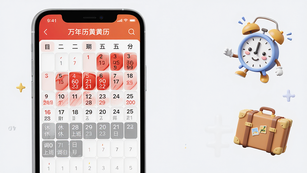 一幅展示万年历黄历大全节假日提醒功能的界面截图风格图片,画面中手机屏幕显示着红色标记的春节假期与灰色标记的调休上班日,屏幕旁边漂浮着拟人化的闹钟和旅行箱小图标,布局为左右对比展示,风格为清爽的3D渲染风,细节上日历格子清晰、色彩对比鲜明,画质高清、干净、无多余元素