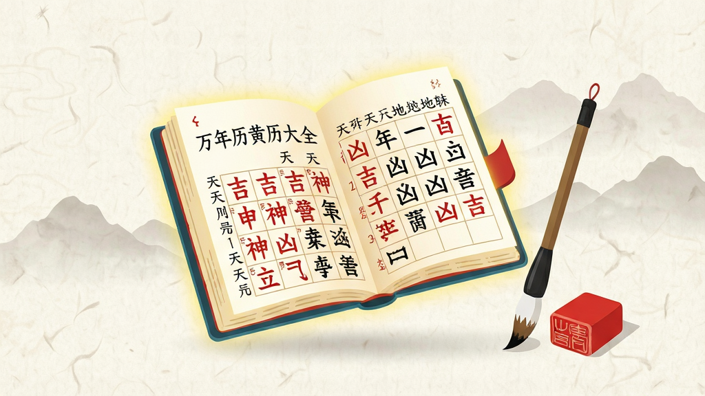 一张以万年历黄历大全软件为视觉中心的扁平化插画,画面主体是一本悬浮的发光电子日历,书页翻开显示着密密麻麻的红色吉神与黑色凶煞文字,日历旁放置着一支毛笔和一枚红印,背景是淡雅的宣纸纹理与远山剪影,布局采用三分法构图,风格为新中式国潮风,细节上能看清日历上的天干地支字样,画质清晰、干净、无多余元素