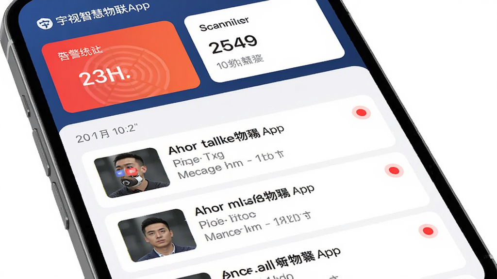 主体为宇视智慧物联App的告警消息列表界面,布局采用手机屏幕展示,排版上顶部为告警统计卡片,下方为按时间排列的告警条目,风格为简洁商务风,细节上每条告警带有事件缩略图和红色提醒圆点,画质为高清,画面干净,无多余元素