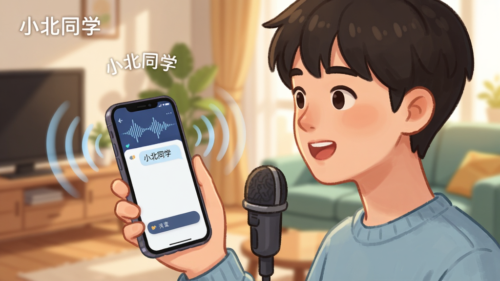 一张展示小北同学语音交互功能的画面,画面中一位年轻用户手持手机对着麦克风说话,手机屏幕显示语音波形和对话界面,周围有声音传播的视觉符号,背景为居家客厅环境,氛围轻松自然,画面中带有“小北同学”文字标识,风格写实偏插画,色彩温暖,画质清晰干净