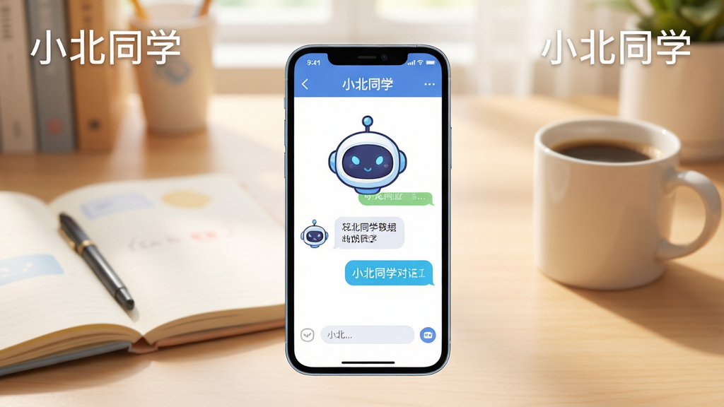 一张展现小北同学软件整体面貌的生动场景图,画面中央放置一部智能手机,手机屏幕上显示着小北同学对话界面,界面中有可爱的机器人头像和对话气泡,背景是温馨的书桌环境,桌上摆放着笔记本和咖啡杯,整体风格清新明快,色彩柔和,细节丰富,画质清晰干净,画面中可加入“小北同学”文字字样,构图居中,无多余杂乱元素