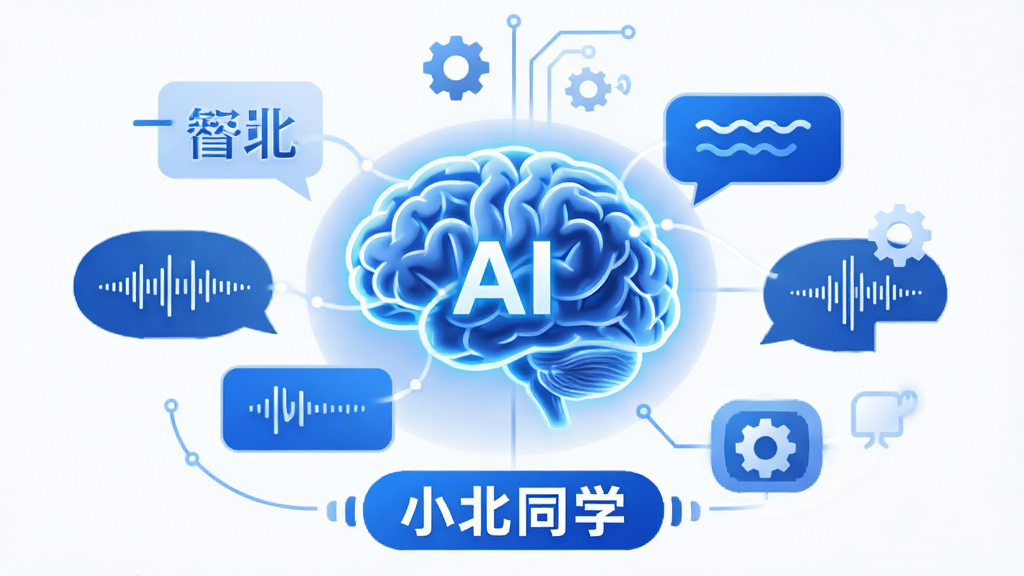 一幅展示小北同学智能对话引擎工作场景的示意图,画面主体是一个发光的AI大脑与对话气泡相互连接的视觉元素,周围环绕着文字、语音波形、齿轮等图标,体现智能解析与快速响应的概念,画面中标注“小北同学”字样,风格科技感十足但不过于冰冷,色彩以蓝白为主,布局清晰,画质干净,无多余元素
