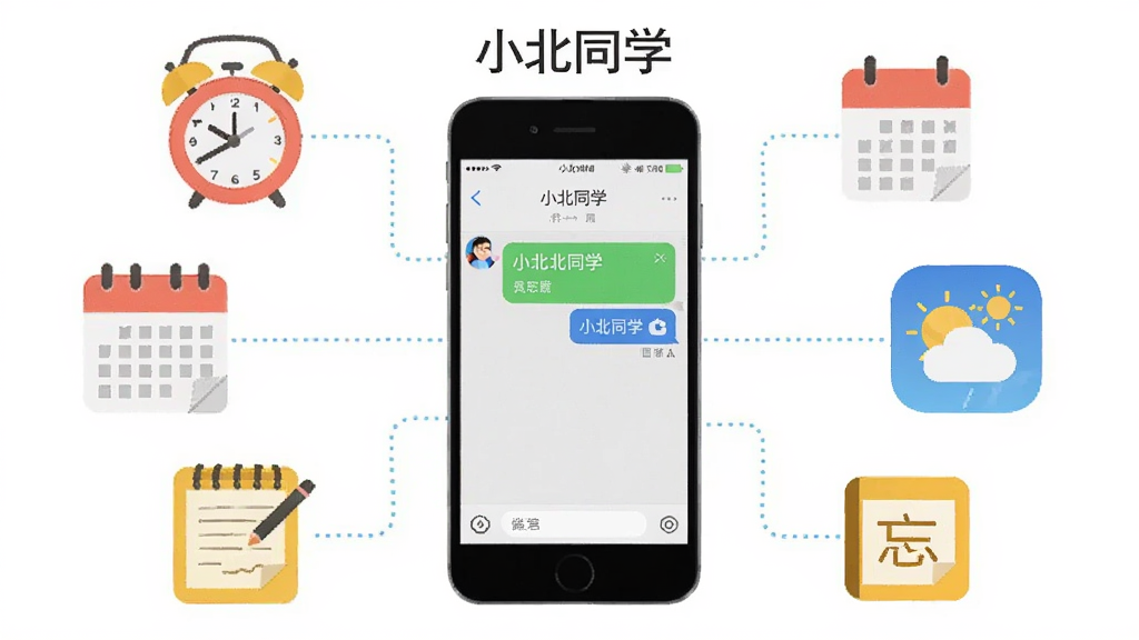 一张展示小北同学多场景工具集成功能的画面,画面以手机为中心,周围环绕着闹钟、日历、天气图标、备忘录等元素,每个元素之间用虚线连接,体现功能整合的概念,手机屏幕显示小北同学对话界面,整体风格扁平化设计,色彩明快,布局对称,画面中包含“小北同学”文字,画质干净清晰