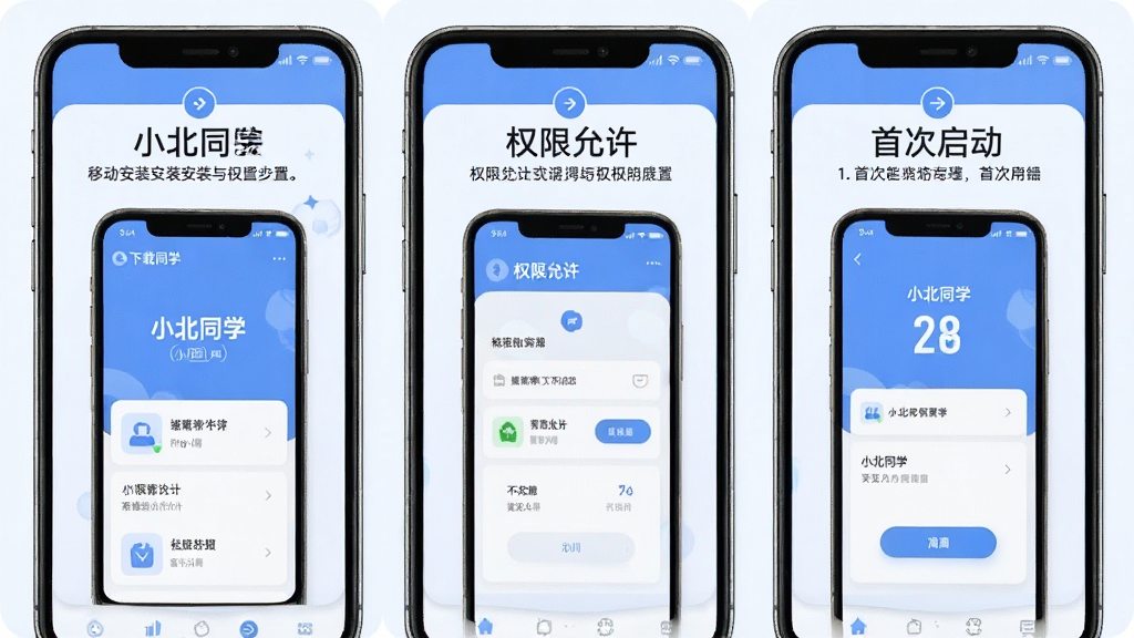 一张展示小北同学移动端安装与权限设置步骤的示意图,画面以手机屏幕截图风格呈现,分为三个步骤面板,分别显示下载安装、权限允许、首次启动界面,每个步骤配有简洁的文字说明,画面中标注“小北同学”字样,整体风格清新简洁,色彩以蓝白为主,布局清晰,画质干净,无多余元素