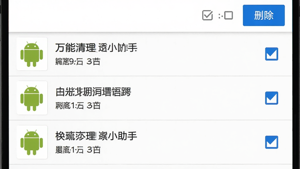 手机屏幕展示万能清理小助手的安装包管理页面,页面上以列表形式排列多个APK文件条目,每条左侧是安卓机器人图标,中间显示文件名和大小,右侧是勾选框,页面顶部有全选和删除按钮,背景为纯白色,列表线条浅灰,风格极简,画质清晰无多余元素