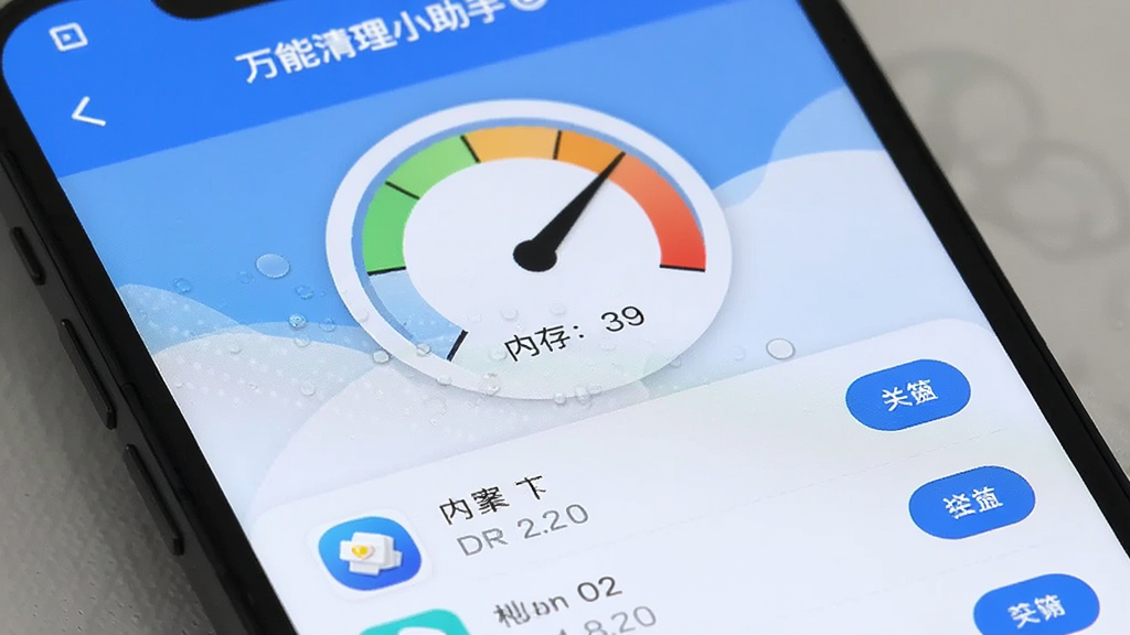 手机屏幕特写,画面中万能清理小助手的内存加速界面清晰可见,界面中央是一个圆形内存占用仪表盘,指针指向偏红区域,下方列出多个后台应用图标和各自的内存占用数值,每个应用右侧有结束按钮,整体配色为蓝白相间,风格清爽,画质干净