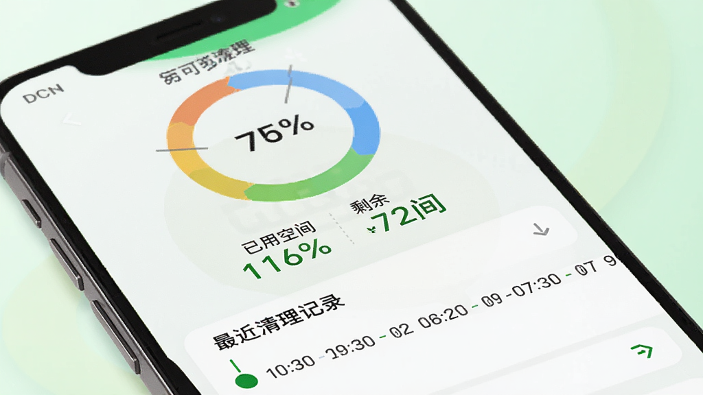 手机屏幕正面图,万能清理小助手首页顶部显示一个彩色环形存储占用图,环形图中心标注已用百分比,环形图下方用文字列出已用空间和剩余空间的具体数值,再下方是最近清理记录的时间线,整体界面布局紧凑,配色以绿色和白色为主,风格清新,画质干净