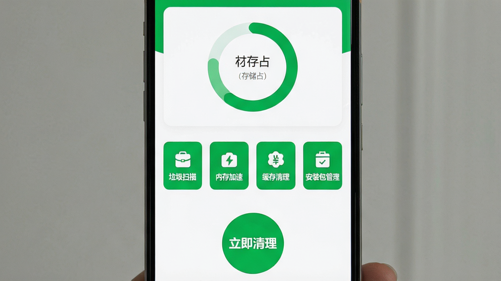 一张手机屏幕正面展示图,画面中央是万能清理小助手的主界面,布局为顶部显示存储占用环形图,中部排列垃圾扫描、内存加速、缓存清理、安装包管理四个方形功能按钮,底部是醒目的立即清理圆形按钮,整体采用白绿配色,风格简洁清爽,界面文字清晰可读,画质干净无多余元素