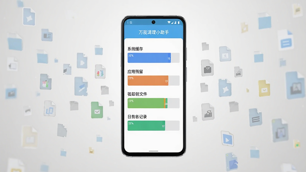 一部安卓手机悬浮在画面中央,手机屏幕显示万能清理小助手的扫描结果页面,页面上用不同颜色的横向条形图展示系统缓存、应用残留、临时文件、日志记录四类垃圾的占用比例,手机周围环绕着代表文件碎片的半透明小方块,背景为浅灰色渐变,整体风格干净现代,画质清晰