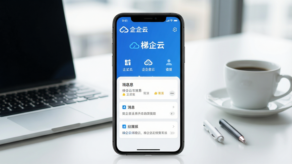 一张展示手机屏幕中梯企云应用主界面的场景图,画面中央为一部竖屏智能手机,手机屏幕显示蓝色调的企业云服务仪表盘界面,包含企业logo、功能图标、消息通知等元素,背景为简洁的现代办公桌面,有笔记本电脑和咖啡杯作为点缀,整体风格商务简约,色调以蓝白灰为主,画质清晰明亮,干净无多余元素,屏幕中显示文字“梯企云”